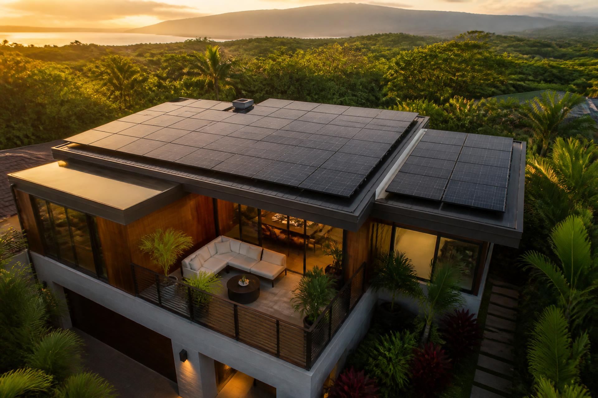 Casa moderna con paneles solares en la azotea al atardecer